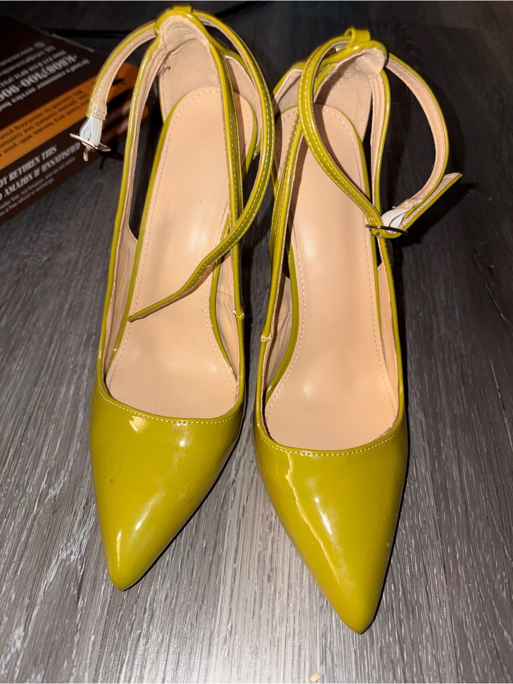 Patent Pointed-Toe Ankle-Strap Pumps in Olive
